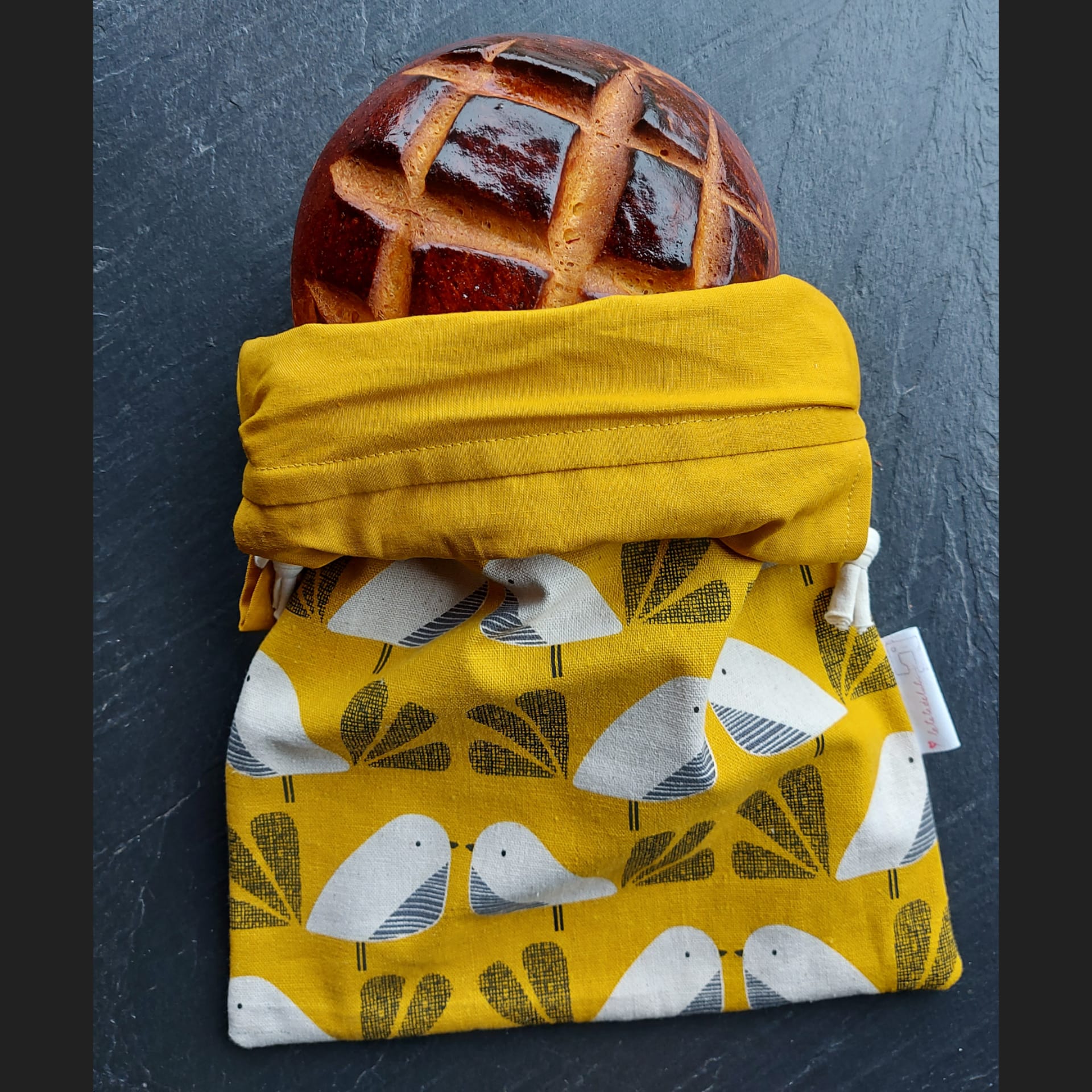sac à pain lin et coton, avec cuchaule pain rond motif oiseau
