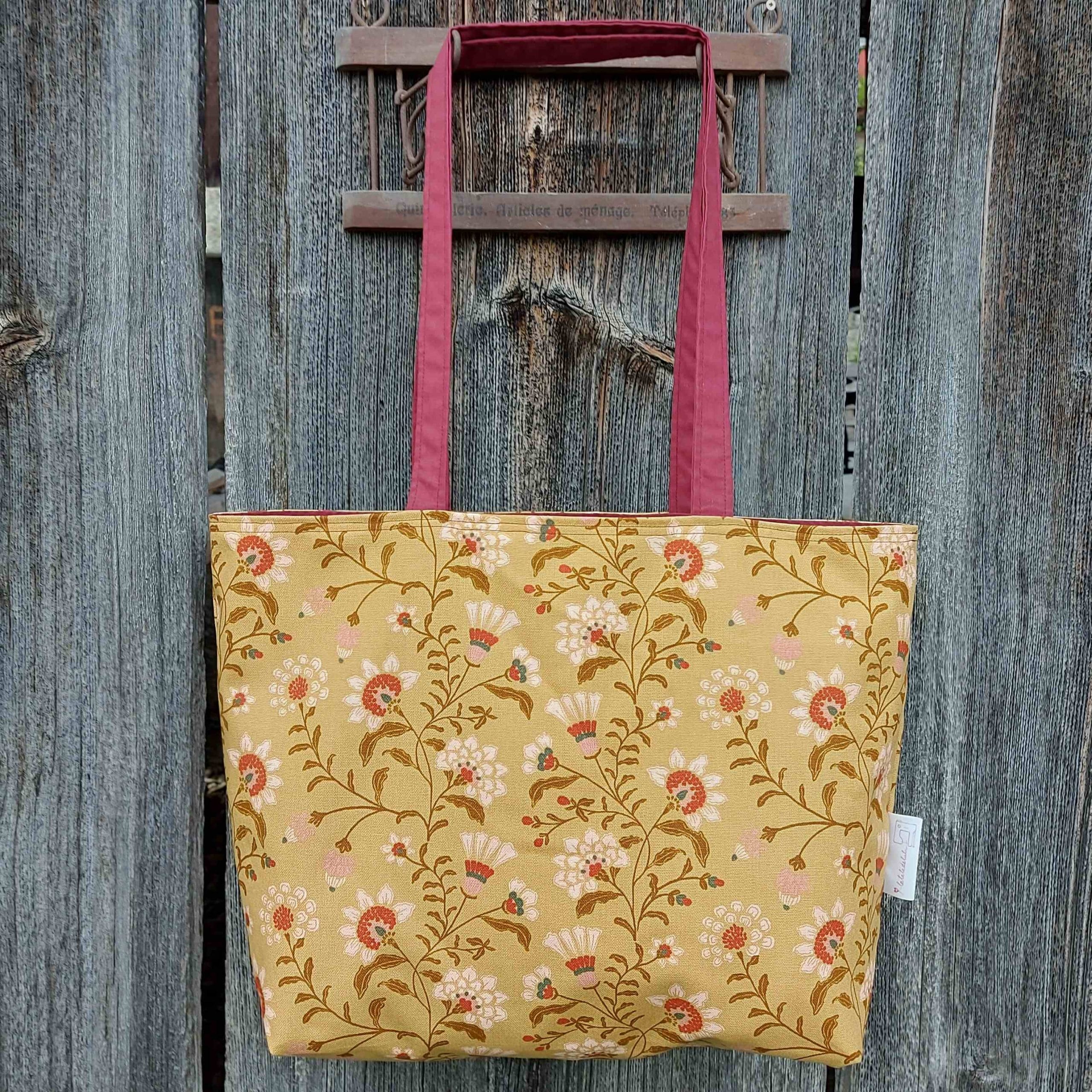 sac cabas toile coton doublé pratique courses fond plat anses longues moutarde curry inde blockprint fleur