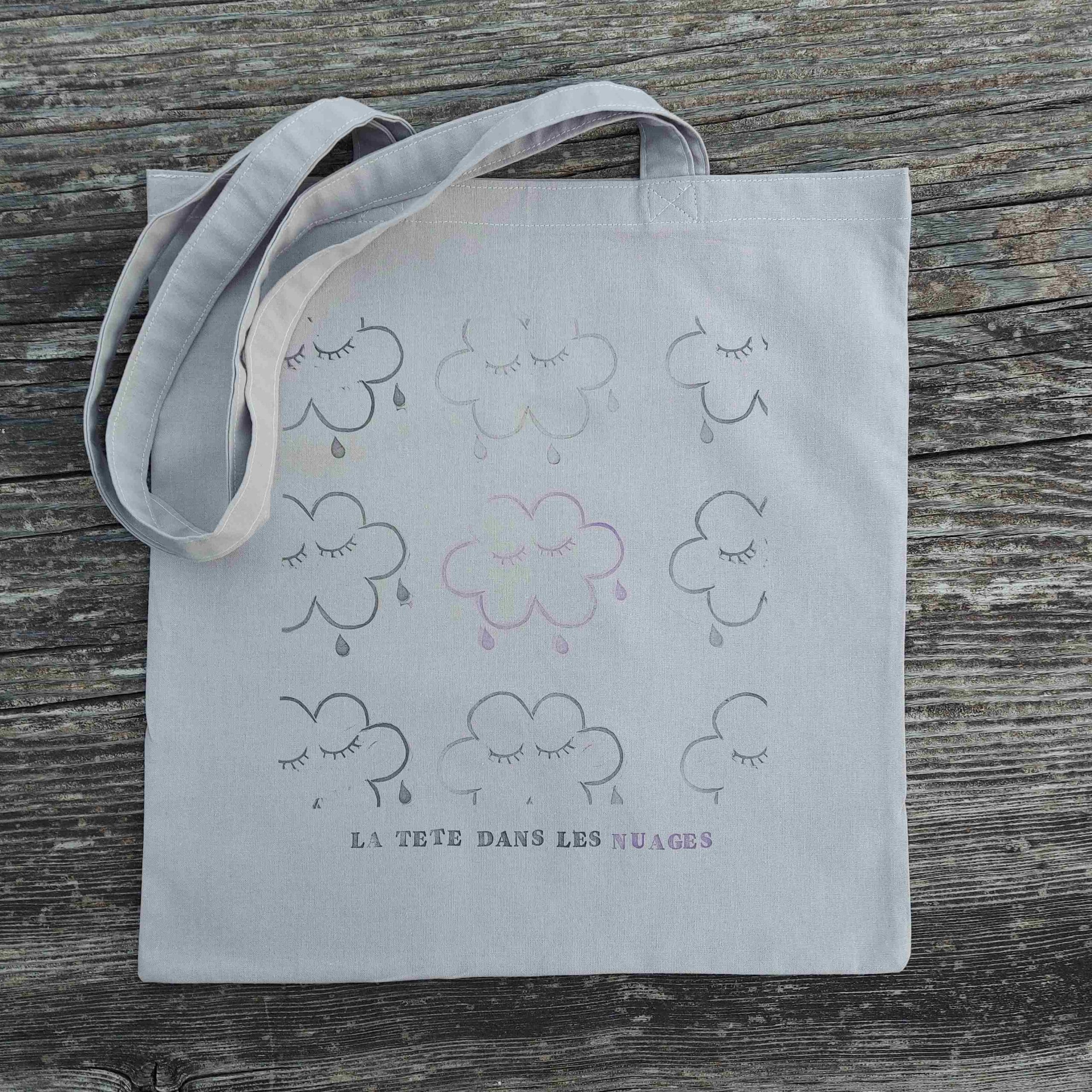 tote bag linogravure artiste tampon la grenade nuage larmes pluie