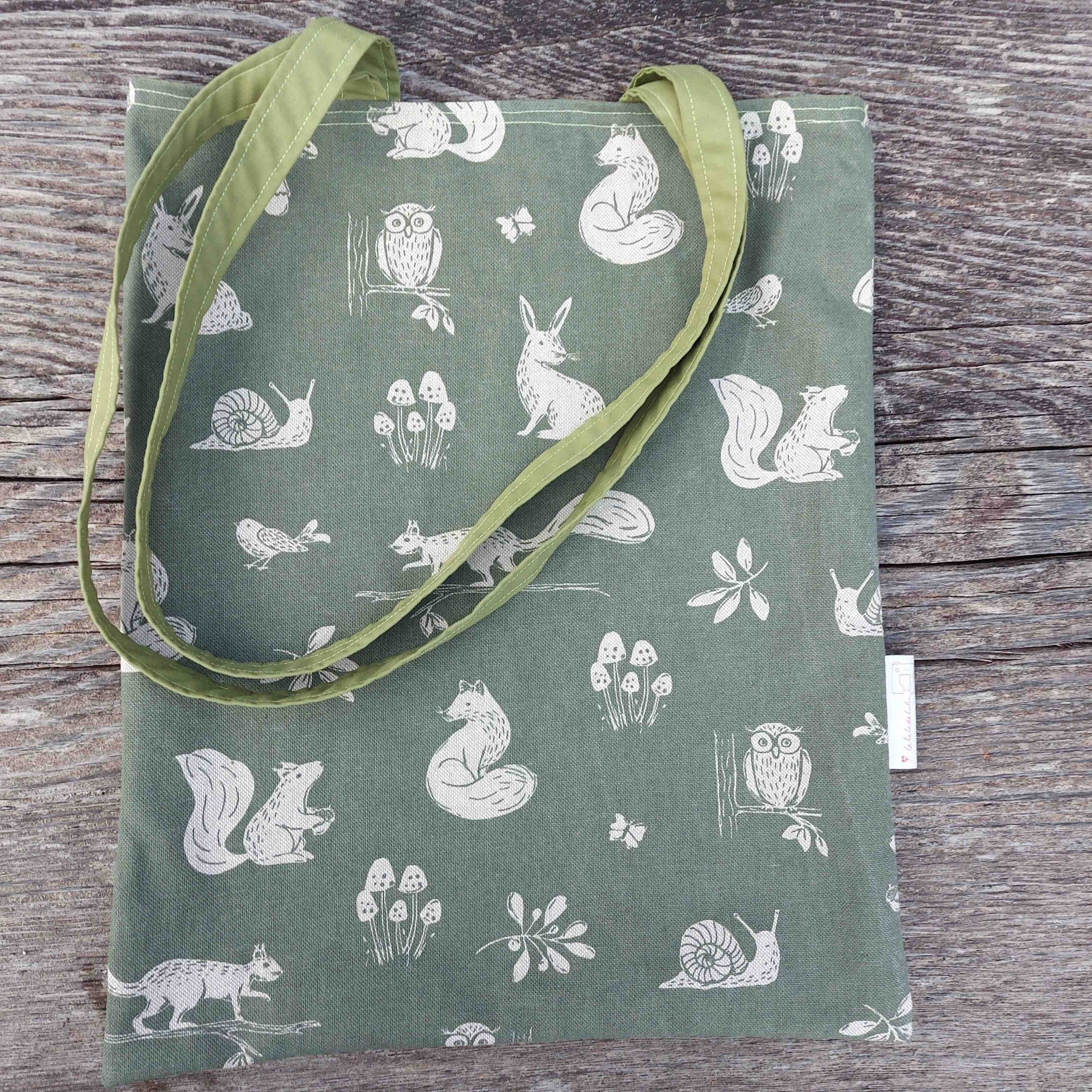 tote bag toile coton pratique forêt vert chouette écureuil escargot